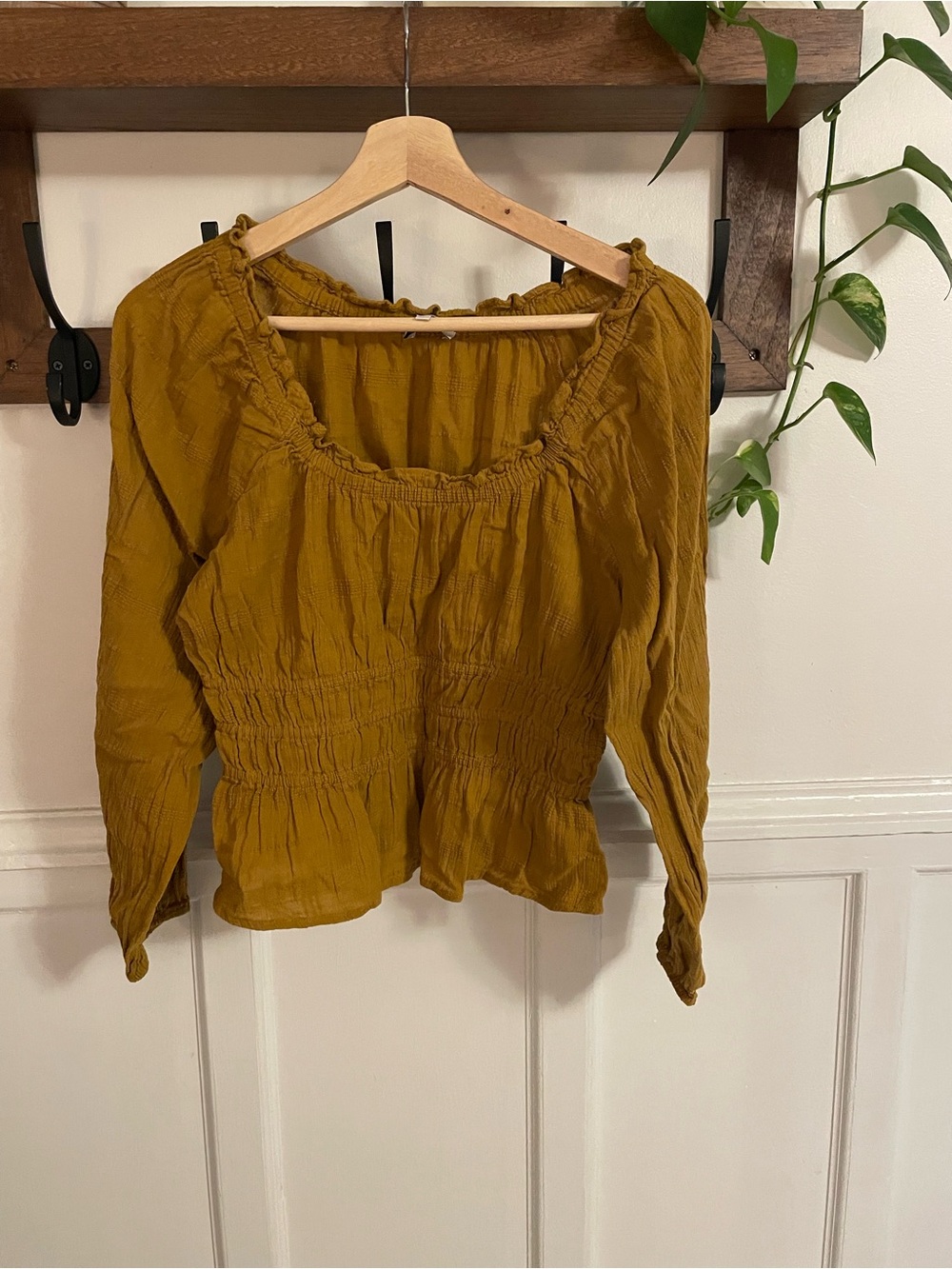 Madewell Mustard Smocked Scoop-Neck Long Sleeve Top